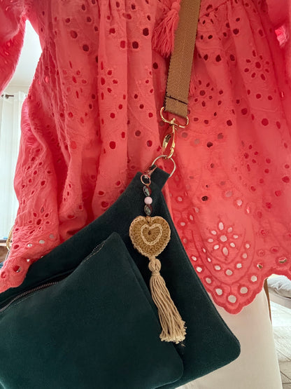 Porte-clé/bijou de sac crochet coeur ficelle/beige