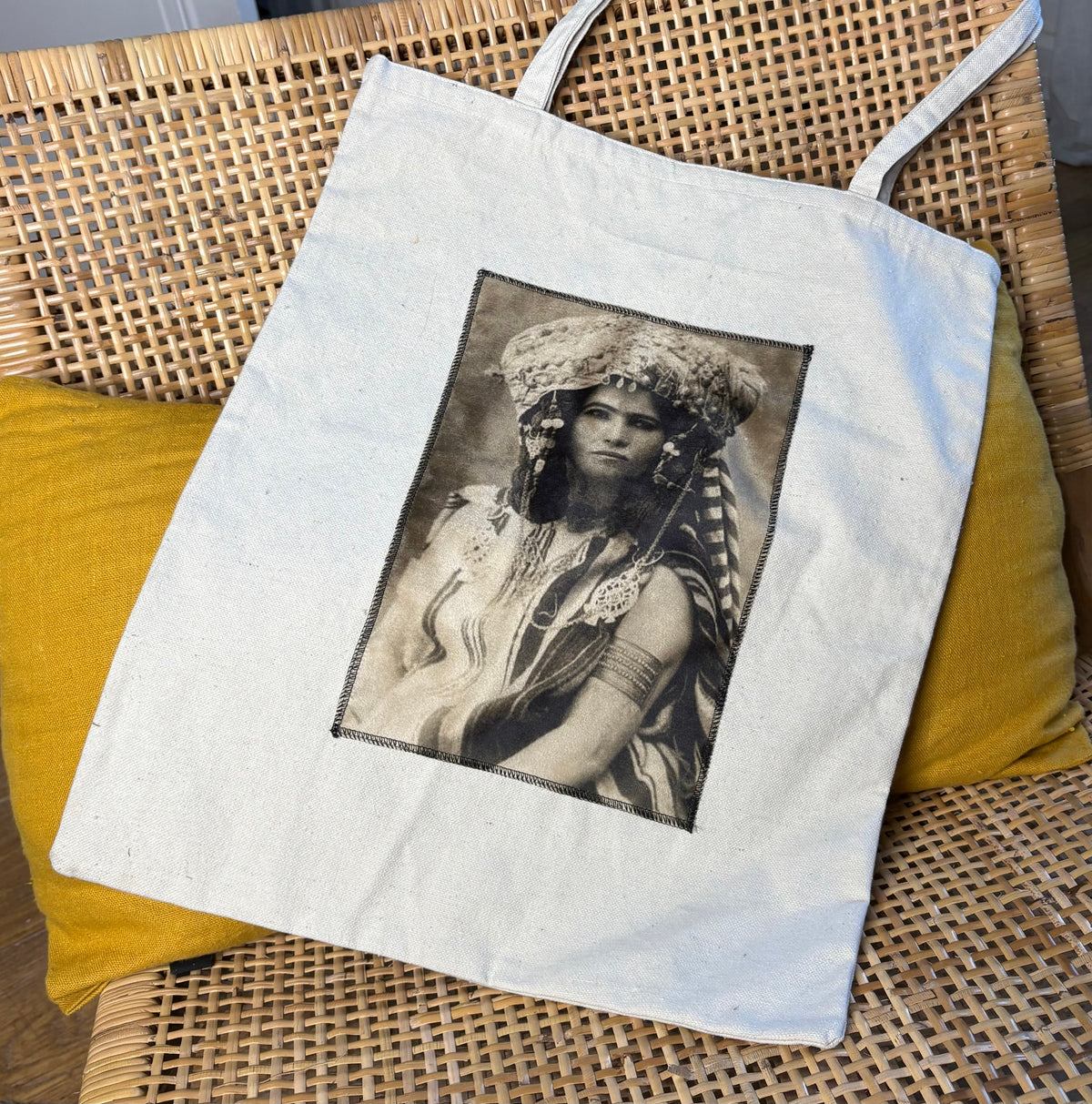 Sac tote bag en toile brute couleur lin, photo vintage imprimée sur velours