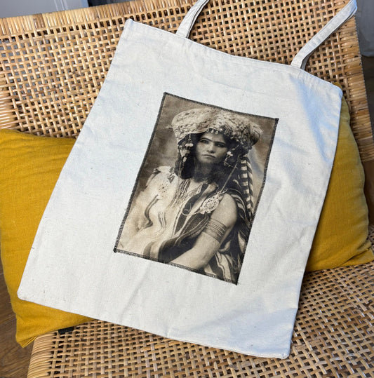 Sac tote bag en toile brute couleur lin, photo vintage imprimée sur velours